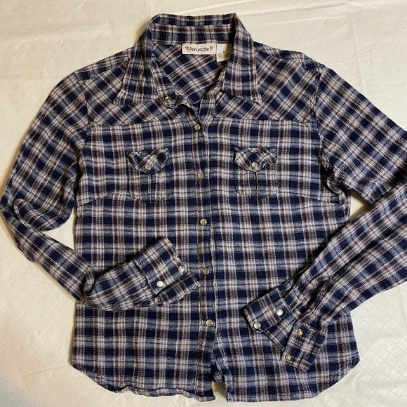 Periscope Blue and White Plaid pearl snap Button-Up Shirt Med - Picture 2 of 9